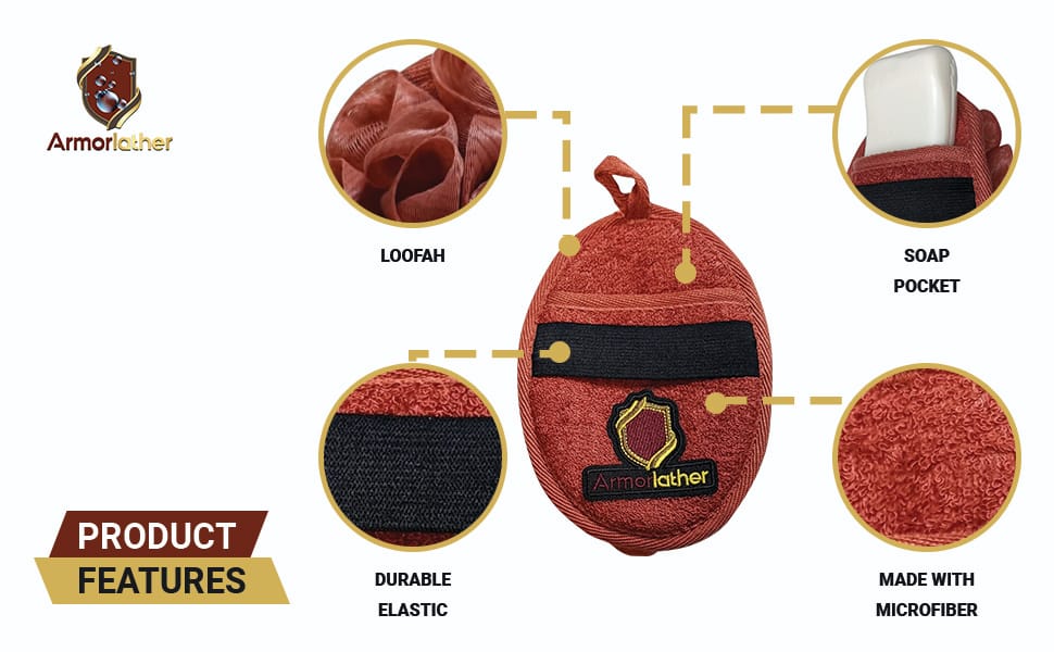 Armorlather Premium Exfoliating Loofah Sponge Pads with Soap Insert & Durable Strap – 3 Pack (Red, Tan, Grey) – For Men & Women