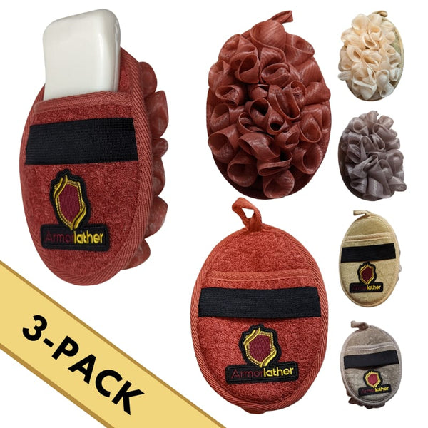 Armorlather Premium Exfoliating Loofah Sponge Pads with Soap Insert & Durable Strap – 3 Pack (Red, Tan, Grey) – For Men & Women