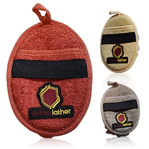 Armorlather Premium Exfoliating Loofah Sponge Pads with Soap Insert & Durable Strap – 3 Pack (Red, Tan, Grey) – For Men & Women