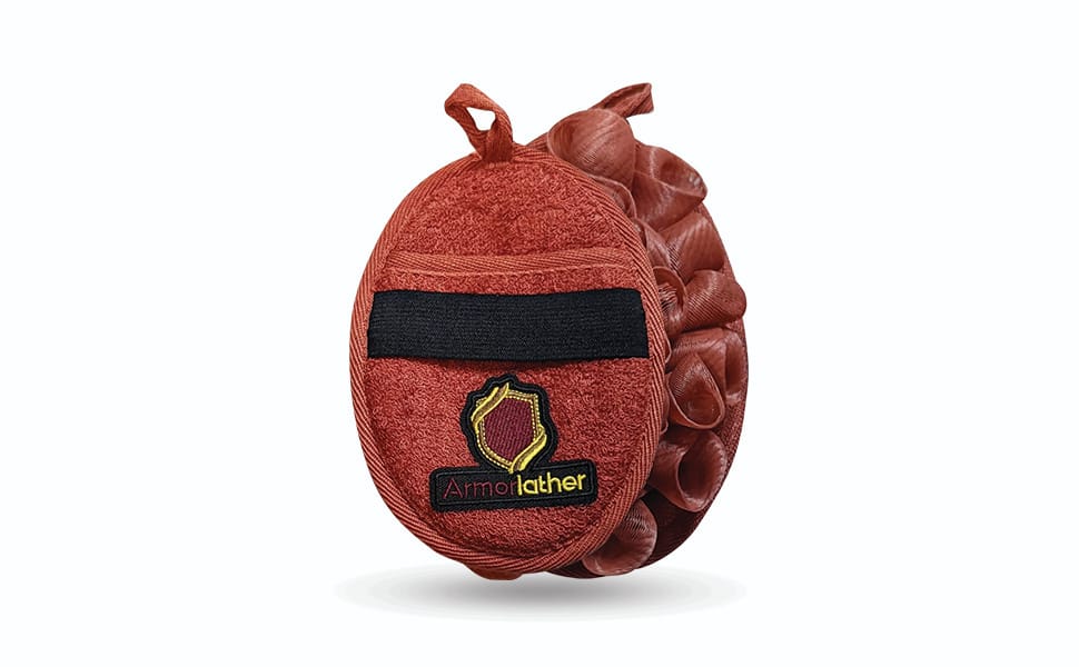 Armorlather Premium Exfoliating Loofah Sponge Pads with Soap Insert & Durable Strap – 3 Pack (Red, Tan, Grey) – For Men & Women